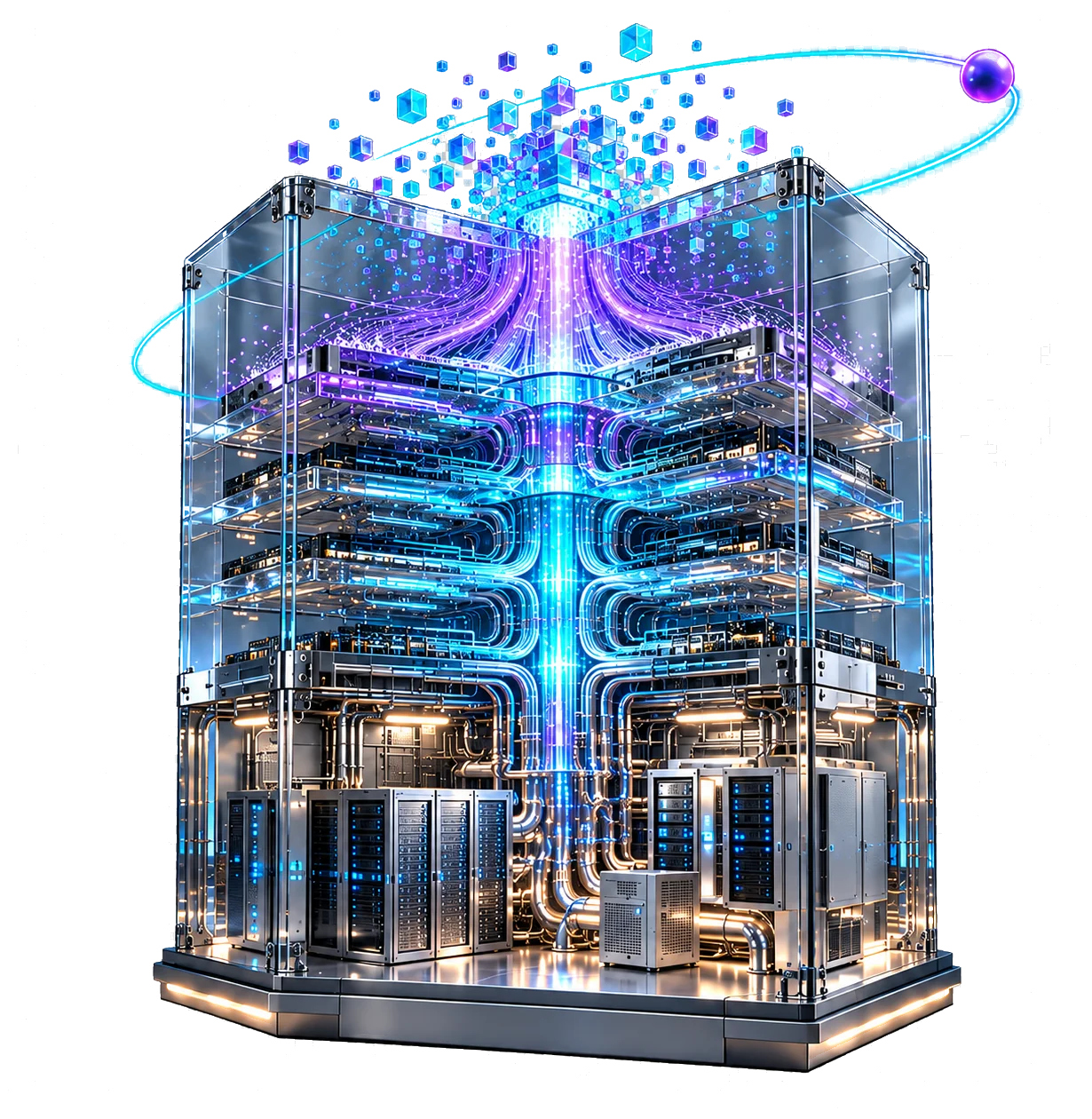 AI-generated illustration: a transparent server tower with data flowing up its core