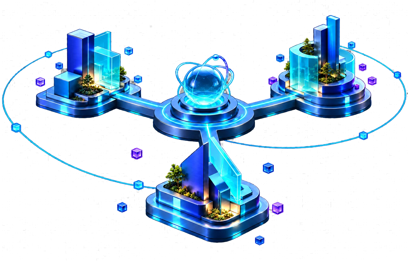 AI-generated illustration: three connected glass buildings around a glowing central sphere