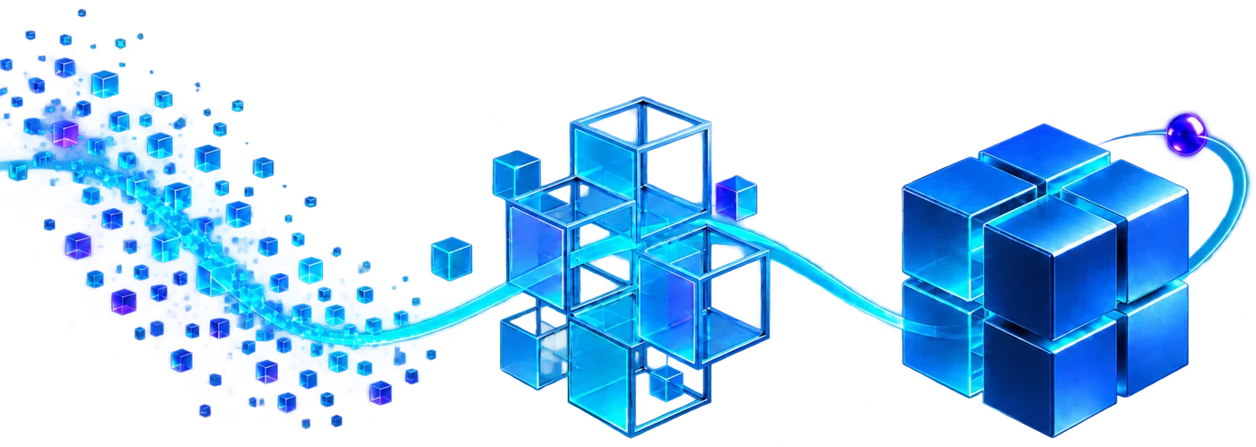 AI-generated illustration: scattered cubes becoming a blueprint, then a solid block