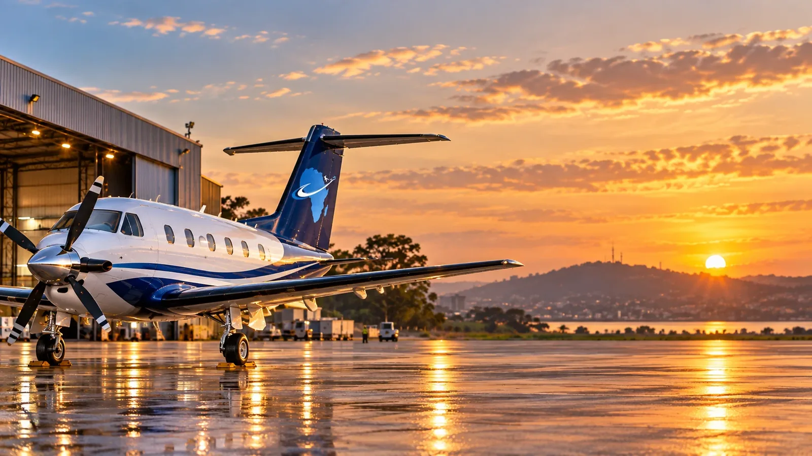 Turboprop aircraft at a hangar at sunset